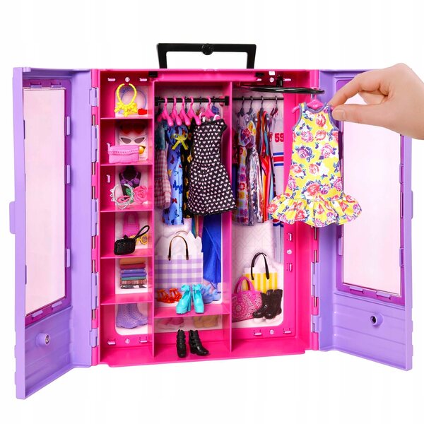 Barbie-Kleiderschrank für Fashionistas-Kleidung mit 6 Kleiderbügeln – Sehen Sie sich die Mode der Puppen an