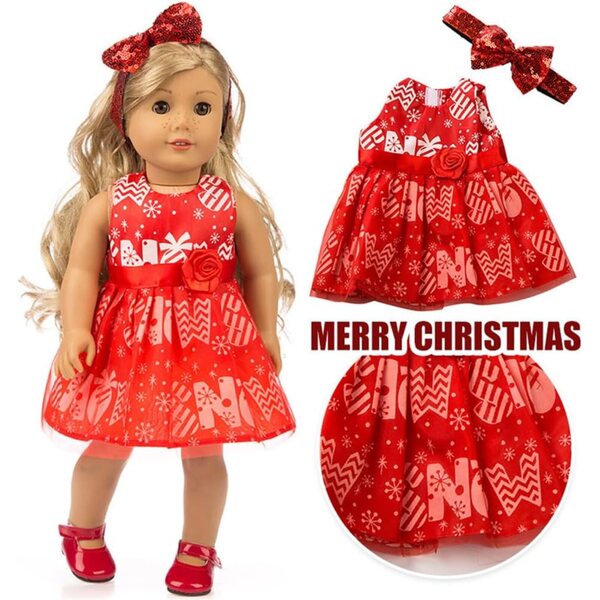 Vestiti natalizi per bambole da 18 pollici con fascia - Set 2 pezzi rosso
