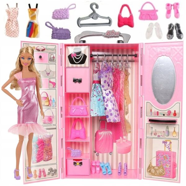 Rosa Kleiderschrank für Puppenkleidung mit Accessoires und Spiegel - Gazelo Alisa