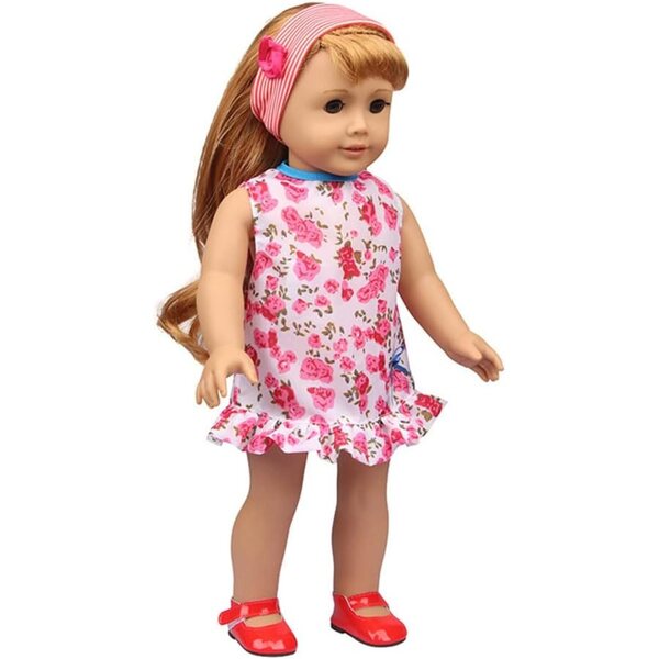 Kleidungsset für 18-Zoll-amerikanische Puppen – Blumenkleid, Jeansjacke, Stirnband