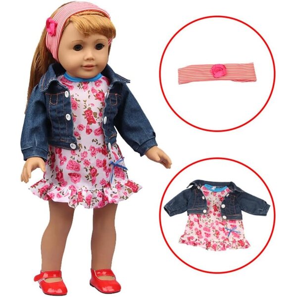 Kleidungsset für 18-Zoll-amerikanische Puppen – Blumenkleid, Jeansjacke, Stirnband