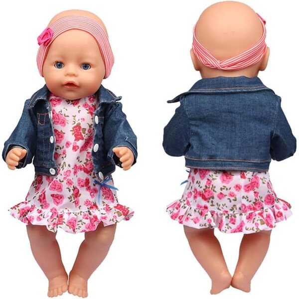 Kleidungsset für 18-Zoll-amerikanische Puppen – Blumenkleid, Jeansjacke, Stirnband