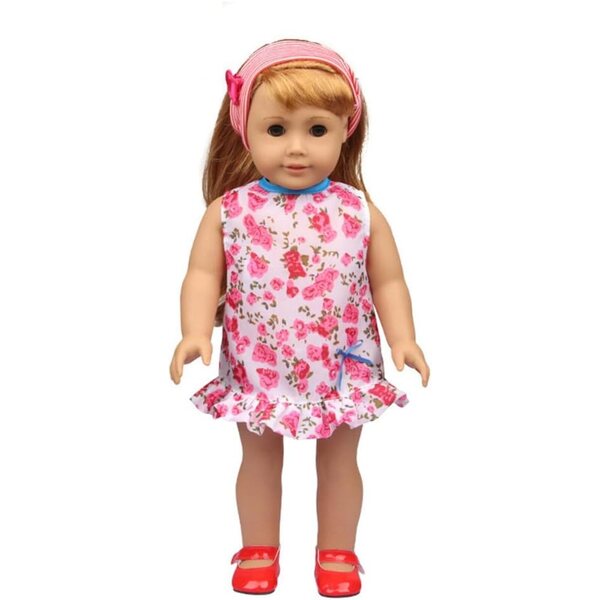 Kleidungsset für 18-Zoll-amerikanische Puppen – Blumenkleid, Jeansjacke, Stirnband
