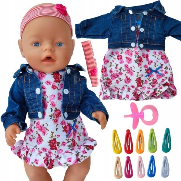 Outfit per bambole 40-45 cm con vestito e giacca jeans + fermagli gratis