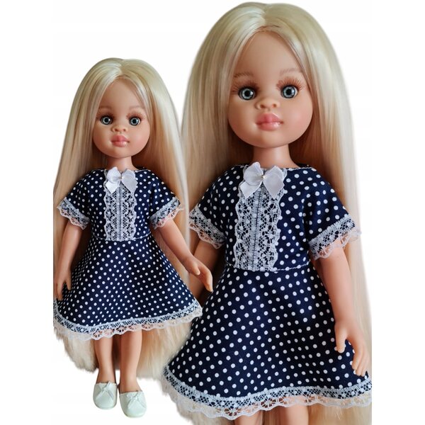 Marineblaues Kleid für Paola Reina 32 cm Puppe mit Spitze und Schleife