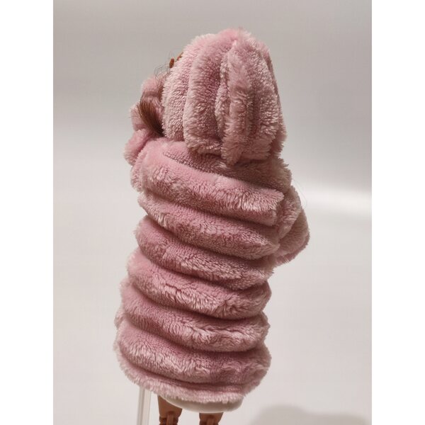 Barbie-Puppenkleid, rosa Fell mit Kapuze, handgenäht, 29-30 cm