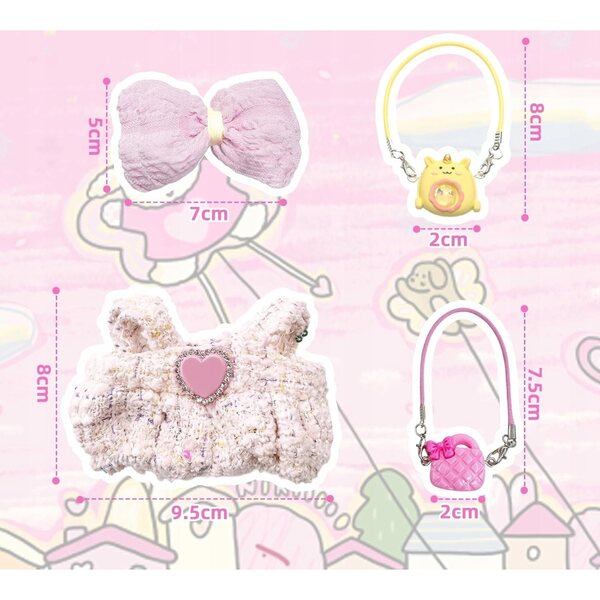 Labubu Puppenkleidungsset mit rosa Kleidern, Schleifen und Halsketten