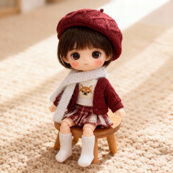 Bekleidungsset für BJD-Puppen 16–17 cm – Strickjacke, karierter Rock, Mütze