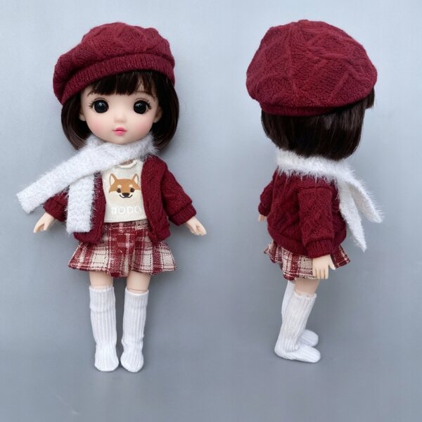 Bekleidungsset für BJD-Puppen 16–17 cm – Strickjacke, karierter Rock, Mütze