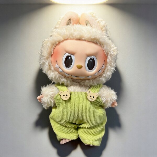 Bekleidungsset für Labubu-Puppe 17 cm – Bunte Latzhose und Oberteil mit Kapuze