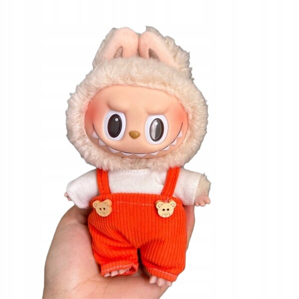 Kleidung für 17-cm-Puppen: Orange gestreifter Overall und weißes T-Shirt