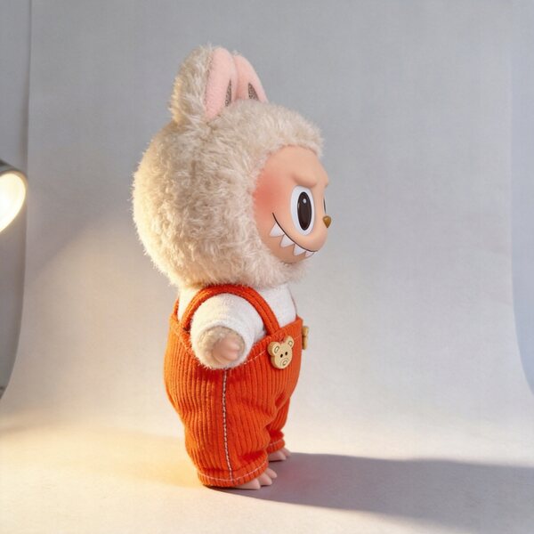 Kleidung für 17-cm-Puppen: Orange gestreifter Overall und weißes T-Shirt