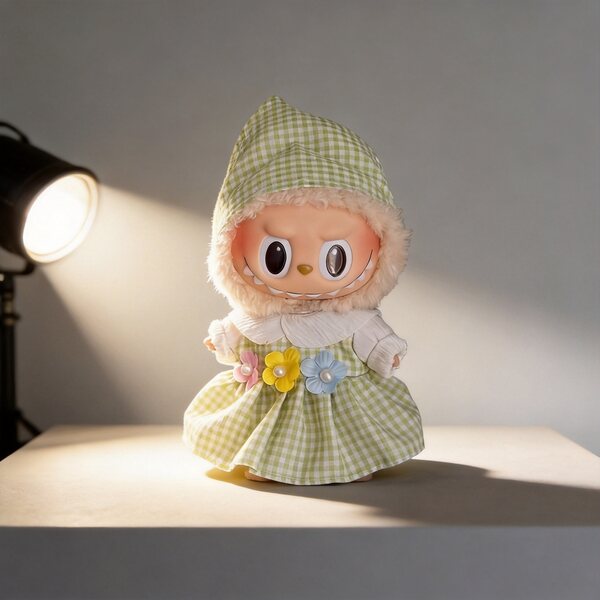 Grünes kariertes Gingham-Kleid für 16–17 cm große Puppen mit passendem Hut