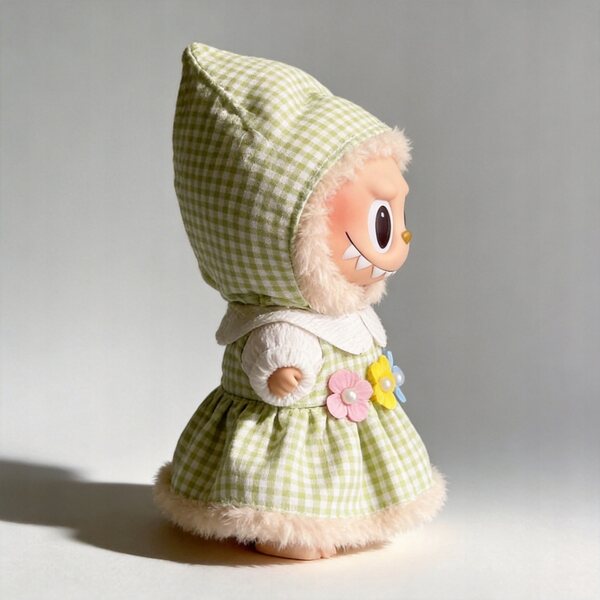 Grünes kariertes Gingham-Kleid für 16–17 cm große Puppen mit passendem Hut