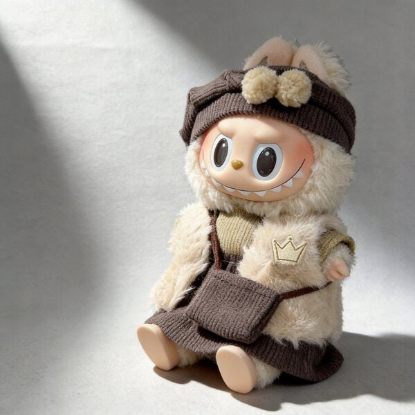 Kleidungsset für 17-cm-Puppe: Mütze, Pelzmantel und Cordrock