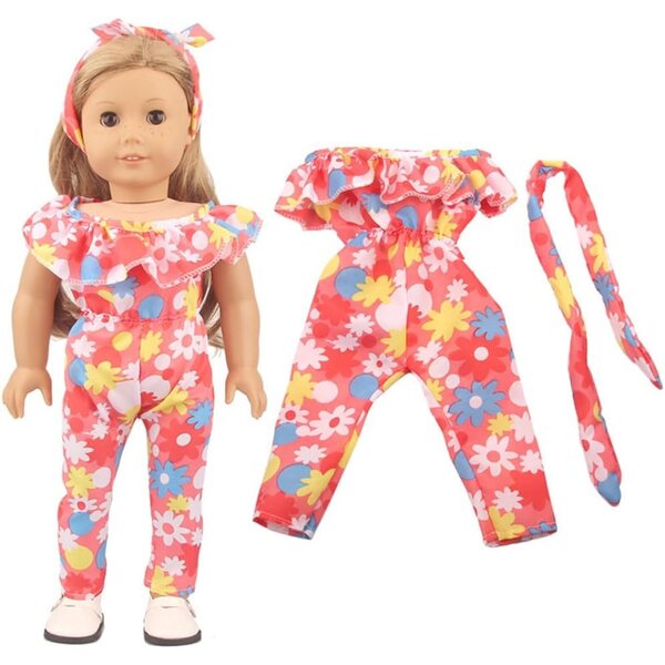 Kleidung für 18-Zoll-amerikanische Puppen – 2-teiliges Set, Trainingsanzug mit Blumen und Stirnband