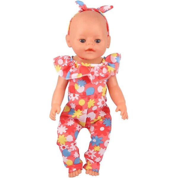 Kleidung für 18-Zoll-amerikanische Puppen – 2-teiliges Set, Trainingsanzug mit Blumen und Stirnband