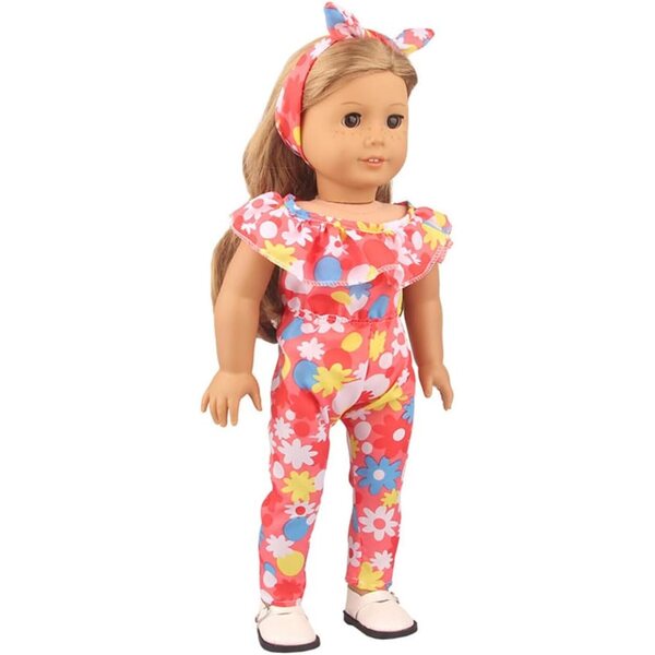 Kleidung für 18-Zoll-amerikanische Puppen – 2-teiliges Set, Trainingsanzug mit Blumen und Stirnband