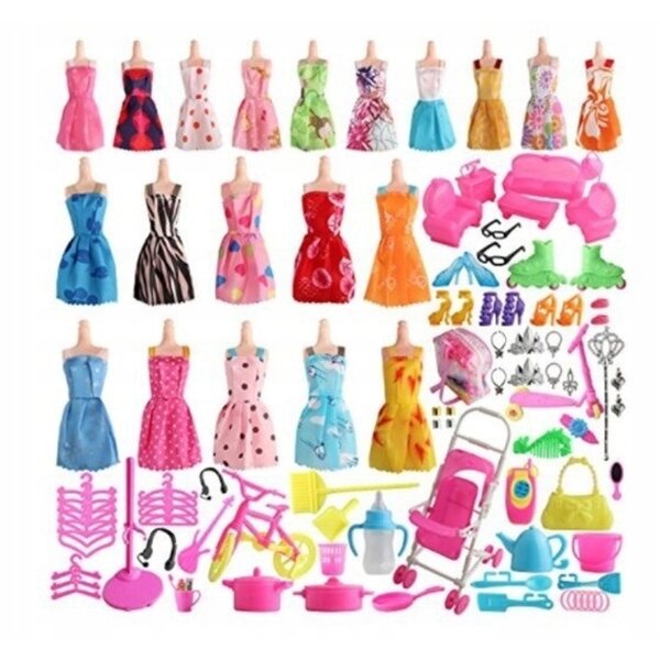 Set 125 pezzi vestiti e accessori colorati per bambole in tessuto con carrozzina