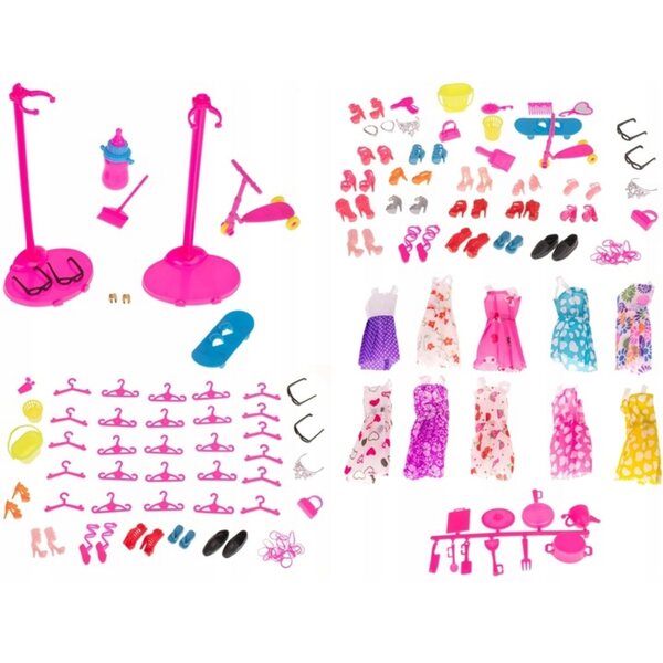 Set 125 pezzi vestiti e accessori colorati per bambole in tessuto con carrozzina