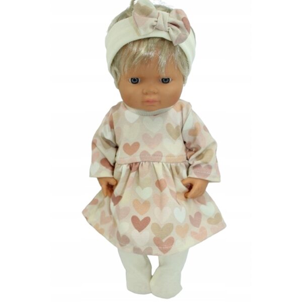 Kleid und Strümpfe für 36–38 cm große Puppe mit pastellfarbenen Herzen – neues Set