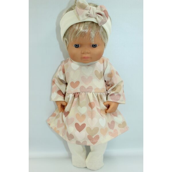 Kleid und Strümpfe für 36–38 cm große Puppe mit pastellfarbenen Herzen – neues Set
