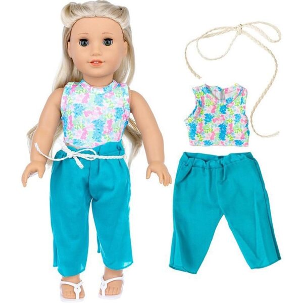 18-Zoll-Puppenkleidungsset, 3-teilig, blaues T-Shirt und geblümte Hose