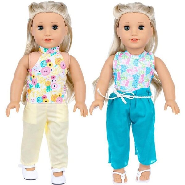 18-Zoll-Puppenkleidungsset, 3-teilig, blaues T-Shirt und geblümte Hose