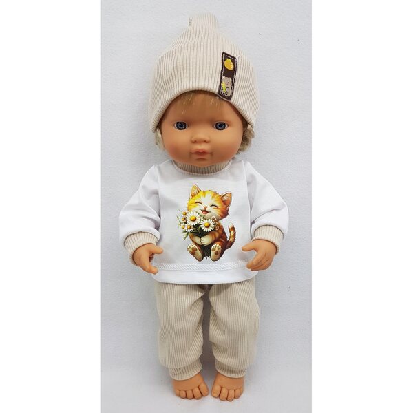 Completo beige con cappellino per bambola 38-45 cm, tessuto di alta qualità