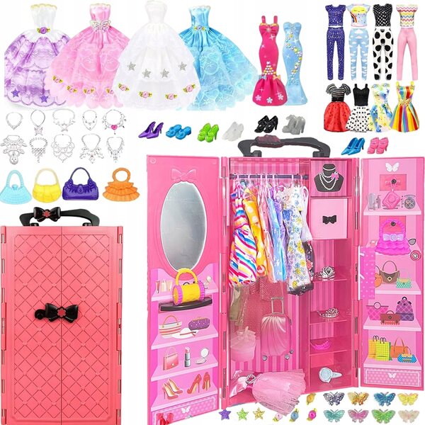 Guardaroba per bambole con abiti e accessori, 84 pezzi, set completo regalo per bambini