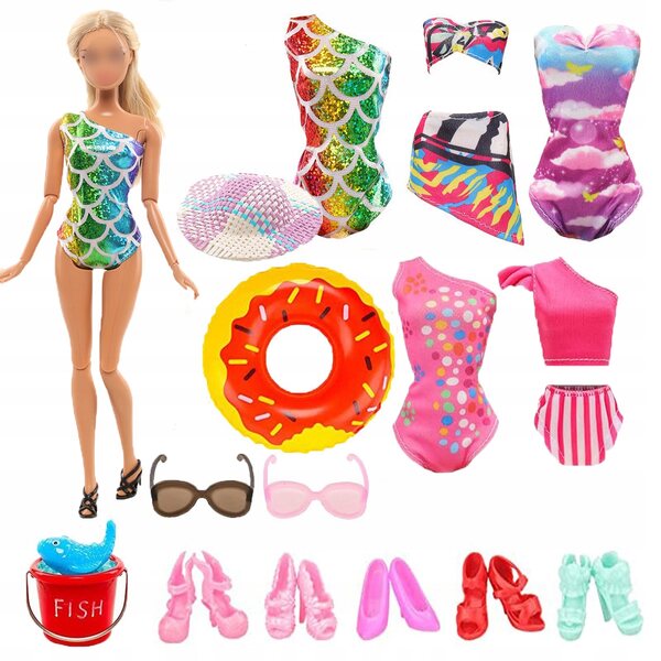 Set abiti e accessori da spiaggia per bambole con costumi e occhiali da sole
