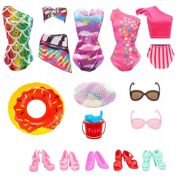 Set abiti e accessori da spiaggia per bambole con costumi e occhiali da sole