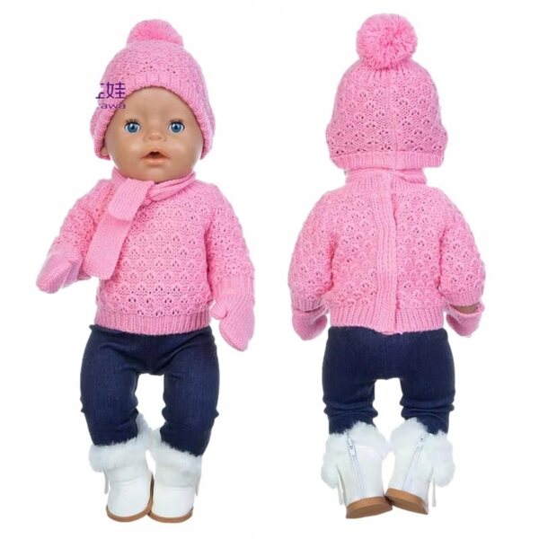 Completo invernale per bambola con maglione di lana, cappello, guanti e stivali eleganti