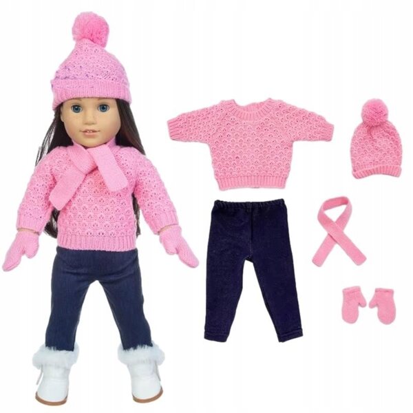 Completo invernale per bambola con maglione di lana, cappello, guanti e stivali eleganti