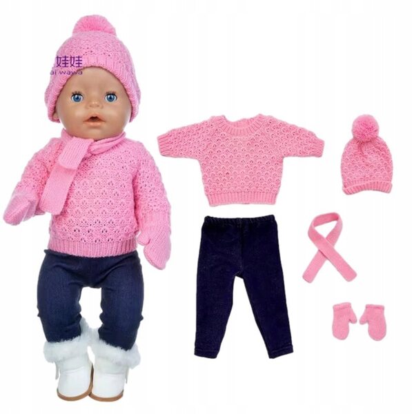 Completo invernale per bambola con maglione di lana, cappello, guanti e stivali eleganti