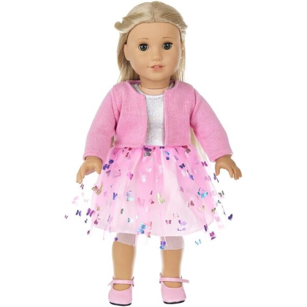 18-Zoll-Puppenkleidung – Gazerock und Mantel mit rosa Schmetterlingen – Set bestehend aus 2 Teilen