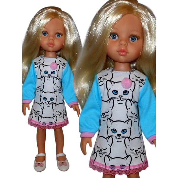 Paola Reina Kleid für 32 cm große Puppe mit Pompon und Spitze, Klettverschluss