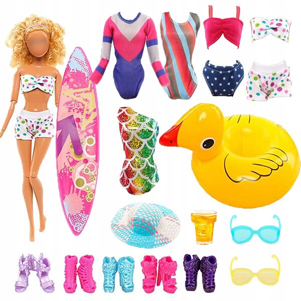 Set Accessori e Abbigliamento da Spiaggia per Bambole con Costumi e Surf