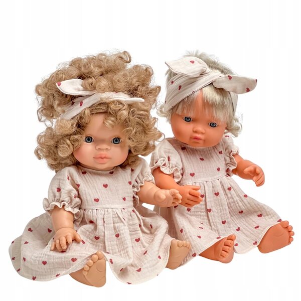 Kleid mit Stirnband für 34-38 cm große Puppen aus Baumwollmusselin-Herzen
