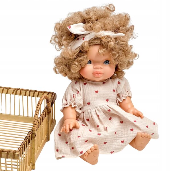 Kleid mit Stirnband für 34-38 cm große Puppen aus Baumwollmusselin-Herzen