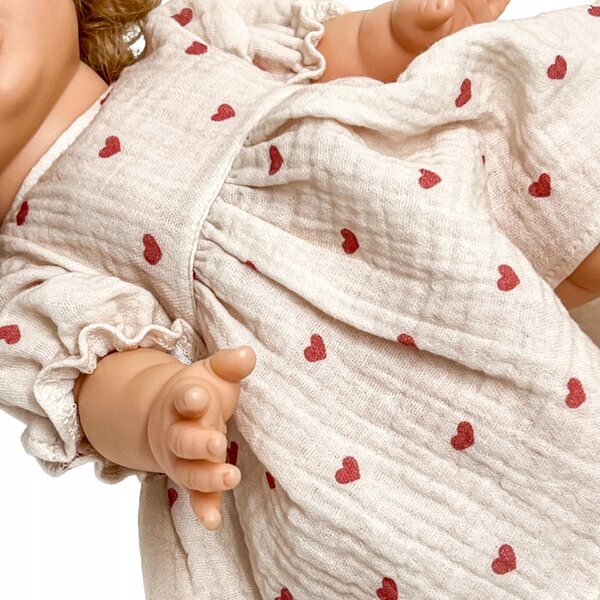 Kleid mit Stirnband für 34-38 cm große Puppen aus Baumwollmusselin-Herzen