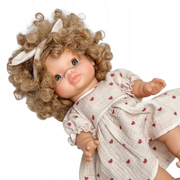 Kleid mit Stirnband für 34-38 cm große Puppen aus Baumwollmusselin-Herzen