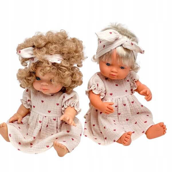 Kleid mit Stirnband für 34-38 cm große Puppen aus Baumwollmusselin-Herzen