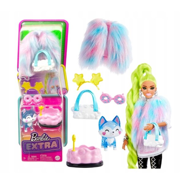 Set Barbie Extra 6 Elementi con Accessori e Animale in Pelliccia Blu-Rosa