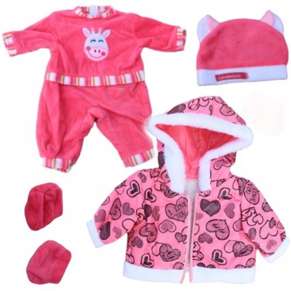 45-cm-Puppenkleidung mit rosa und braunem Pyjama, Jacke und Mütze