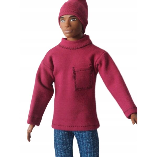 Bekleidungsset für die Ken-Puppe: Jeans, burgunderfarbenes Sweatshirt und Mütze