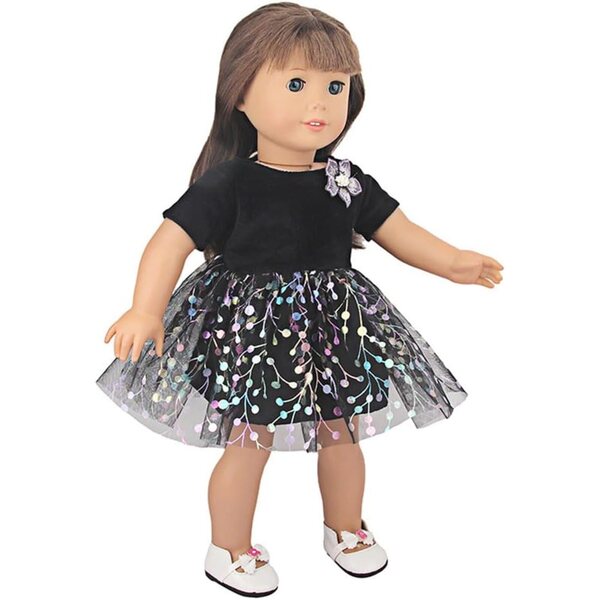 Schwarzes Blumenkleid für 18-Zoll-amerikanische Puppen – Prinzessinnen-Kleidungsset
