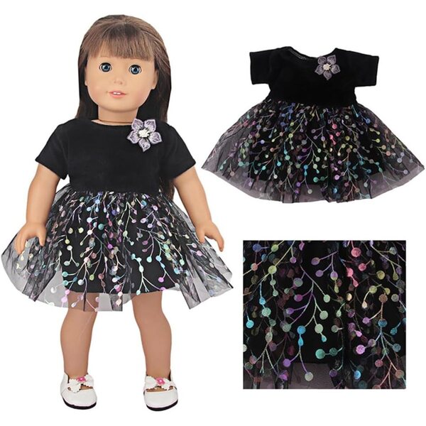 Schwarzes Blumenkleid für 18-Zoll-amerikanische Puppen – Prinzessinnen-Kleidungsset