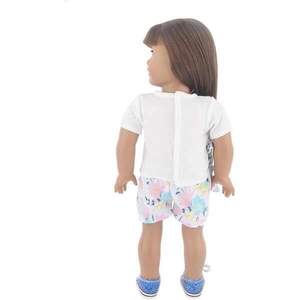 Amerikanische Puppenkleidung 18 Zoll – 2-teiliges Set aus T-Shirt und Shorts mit Blumenmuster
