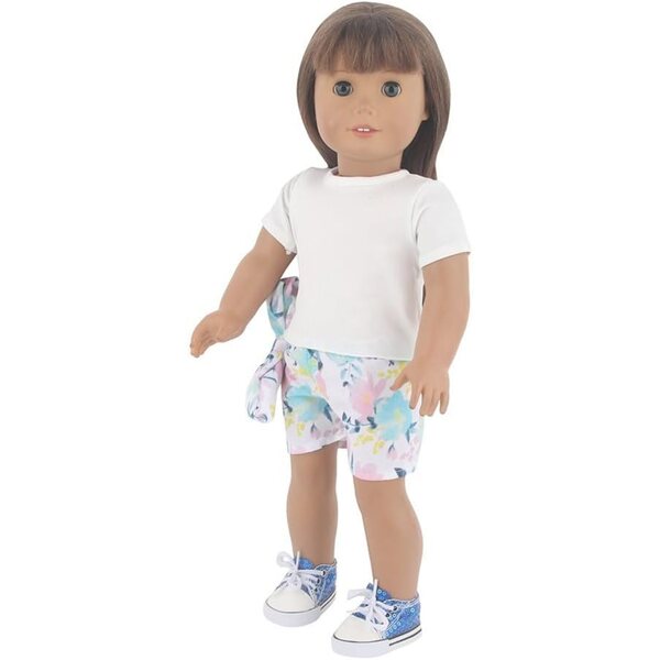 Amerikanische Puppenkleidung 18 Zoll – 2-teiliges Set aus T-Shirt und Shorts mit Blumenmuster